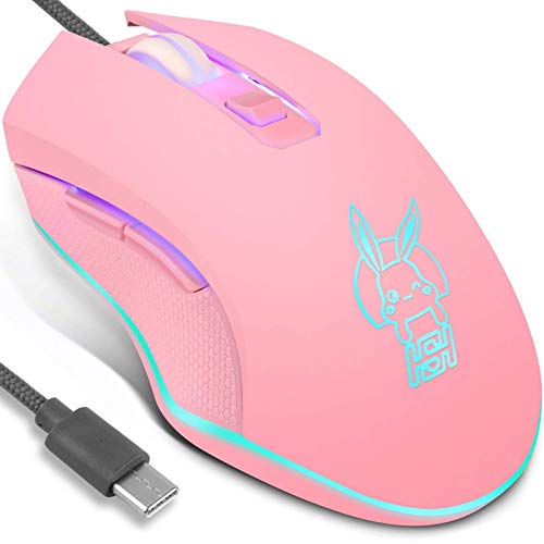 IULONEE USB Type C Wired Mouse,Silent Computer Mouse Optical Gaming Mice Ergonomic 7 LED Backlight 2400 DPI 6 Buttons for Office Home Windows PC,Laptop,Desktop,Notebook,MacBook(Type-C Pink) - color: Type-C Pink
