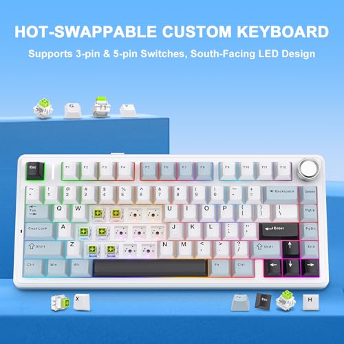 Aula F75 Wireless Mechanical Keyboard, 75% Hot Swappable Custom Gaming Keyboard with Knob,BT5.0/2.4GHz/USB-C,RGB Backlit,Pre-lubed Reaper Switches, Mechanical Gaming Keyboards (Glacier Blue) - color: Glacier Blue