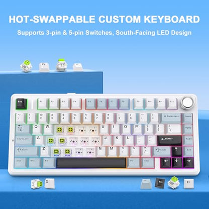 Aula F75 Wireless Mechanical Keyboard, 75% Hot Swappable Custom Gaming Keyboard with Knob,BT5.0/2.4GHz/USB-C,RGB Backlit,Pre-lubed Reaper Switches, Mechanical Gaming Keyboards (Glacier Blue) - color: Glacier Blue