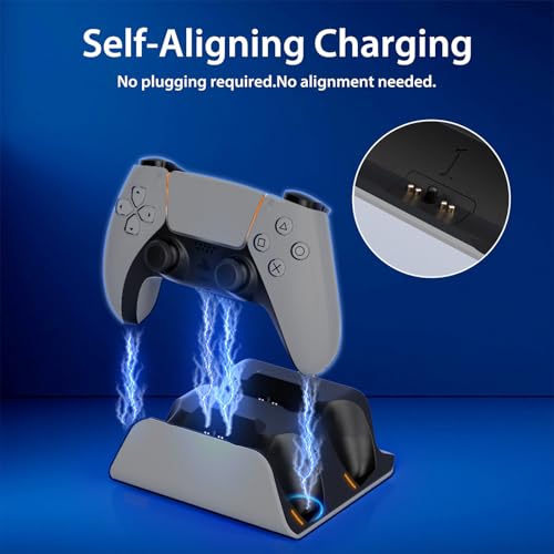 PS5 Controller Charger Station with LED Indicator,Self-Aligning Charging Dock,Dual Controller Fast Charging Dock,Desktop Display Stand for PlayStation 5 (Grey) - color: Grey
