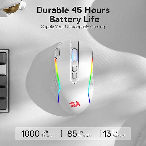 Redragon M810 PRO Wireless RGB Gaming Mouse 10000 DPI Remapping Keys | Cable-Free 0 Delay, Rapid-Fire Macro Keybinds, Vibing Backlight, Ergonomic Grip Body Comfort - color: White, style: M810 PRO