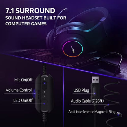 AIHOOR Gaming Headset with Virtual 7.1 Surround Sound,Over Ear Headphones,Noise Cancelling Microphone,Ultra-Low Latency Games & LED Light Soft Memory Protein Earmuffs for PC Mac Computer Games- Black