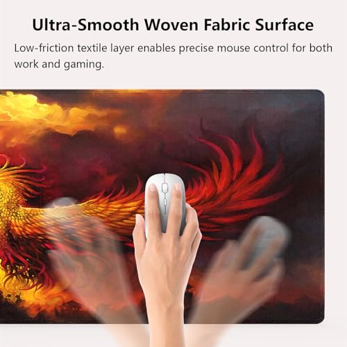 Golden Fire Phoenix Rebirth Art Large Mouse Pad, Fantasy Painting Desk Mat | Keyboard Mat Stitched, 31.5" x 11.8", Mythical Bird Creature Rising From Ashes, Red Orange Clouds Landscape, Anti-Slip - color: Vibrant Design J15K