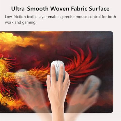Golden Fire Phoenix Rebirth Art Large Mouse Pad, Fantasy Painting Desk Mat | Keyboard Mat Stitched, 31.5" x 11.8", Mythical Bird Creature Rising From Ashes, Red Orange Clouds Landscape, Anti-Slip - color: Vibrant Design J15K