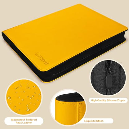 WITHYU Top Loader Binder 9 Pocket, Holds 288 Toploaders for 3" x 4" Trading Cards, PU Leather Ringless Zipper Album with Double-Sided Pages, Yellow - color: Yellow, size: 9 Pocket