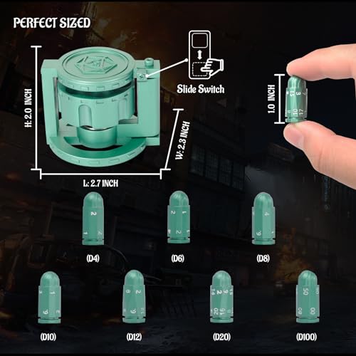CZYY Metal Polyhedral Bullet Dice Set with Spinning Revolver Cylinder Case | Complete 7-Dice Set, Solid Metal, RPG Fidget Tool, Accessories for DND, Sci-Fi, Western & Tabletop Game Themes, Green - color: Green