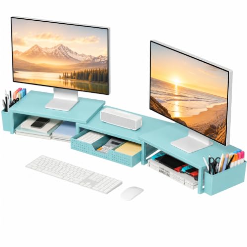 OPNICE Desk Organizers and Accessories, Dual Monitor Stand Riser with Drawer and 2 Pen Holders, Desk Shelf Computer Monitor Stand for Office Workspace Organizers, Desktop Organization (Blue) - color: Blue