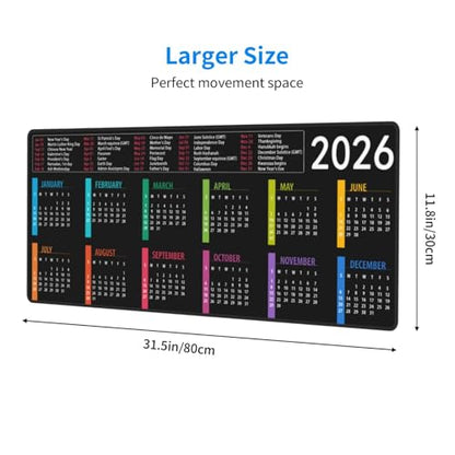 2026 Calendar Mouse Pad XL Extended Desk Mat, Computer Mousepad | Calendar With Holidays Non Slip Rubber, Base Stitched Edge, Gaming Pc Large Mice Pad 31.5 x 11.8 Inch - color: 2026 Calendar With Holidays