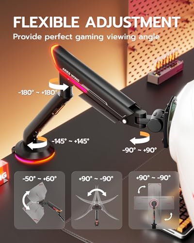 Single Gaming Monitor Arm for 24"-57" Screen with RGB, Black | Computer Monitor Stand Holds Up to 60LBS - color: BLACK, style: RGB