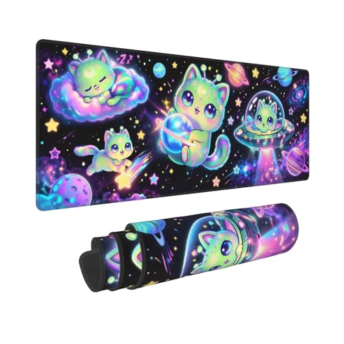 Alien Cat Gaming Mouse Pad Extended Large Mouse Mat 31.5 X 11.8 Inch Nonslip Rubber Base Long Desk Pad Stitched Edges Mousepad Mice Pad for Office Home Game - color: Alien Cat