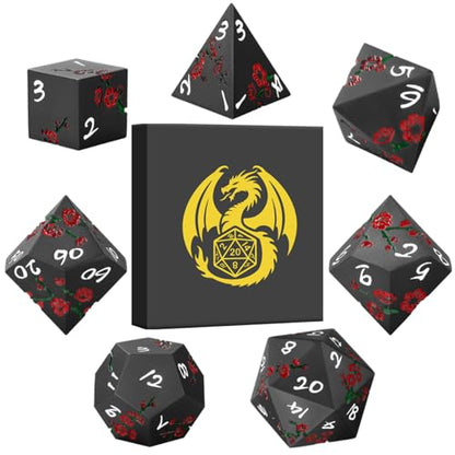 Metal Dice Set, Flat Face Red Plum Blossom Pattern, 7pcs Polyhedral Metal DND Dice Set, DND Starter Set, D&D Gifts with Gift Box, Role Playing Board Games Accessories, Black - color: Black With Gift Box