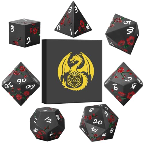 Metal Dice Set, Flat Face Red Plum Blossom Pattern, 7pcs Polyhedral Metal DND Dice Set, DND Starter Set, D&D Gifts with Gift Box, Role Playing Board Games Accessories, Black - color: Black With Gift Box