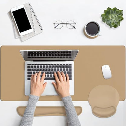 Britimes Brown Keyboard Mouse Pad Set Brown 4 in1 Large Mousepad+Keyboard Wrist Rest+Mouse Wrist Rest+Coaster Ergonomic Design for Home Office Computer 35.4x15.7Inches - color: Brown