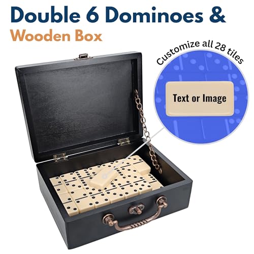 WE Games Custom Double 6 Dominoes in Engraved Black Stained Wooden Treasure Box, Dominoes Set for Adults, Ivory Color Double Six Domino, Classic Board Games, Tile Games, Personalized Domino Gift - color: Black