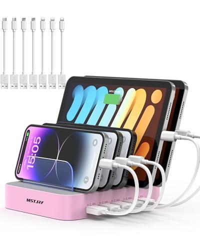 MSTJRY Charging Station for Multiple Devices : 5 Port Multi USB-A Charger Stations Multi-Device Organizer Charging Dock Designed for iPhone iPad Cell Phone Tablets (7 Short Cables Included), Pink - color: pink