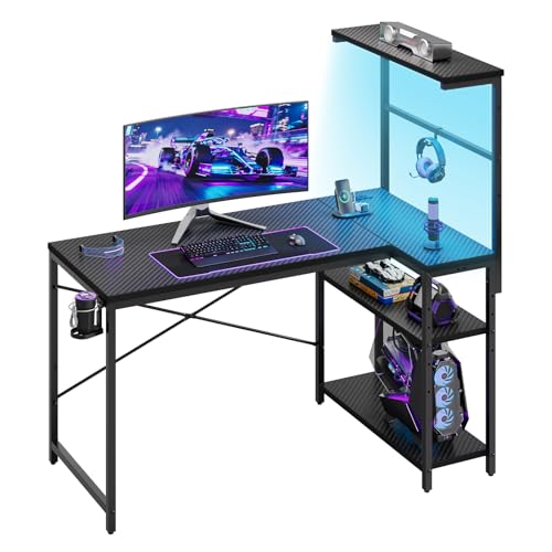 42" L-Shaped Gaming Desk with Power Outlets LED Lights, Black | Reversible Design, LED Lights, 4-Tier Storage Shelves, Headphone Hook, Foldable Cup Holder, Home Office, Small Space - color: Black, size: 42 Inch