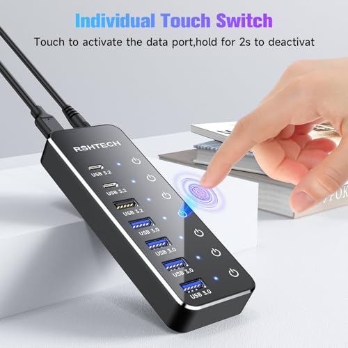 RSHTECH 7-Port Powered USB 3.2/USB C Hub with 10Gbps USB-A 3.2, 2 USB-C 3.2, 4 USB 3.0 Ports, Individual Touch Switches, 3.3ft Cable and 5V Power Adapter, USB Hub Splitter for Laptop/PC, RSH-ST07C - size: 7-Port Powered USB Hub