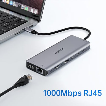 USB C Laptop Docking Station Dual Monitor Dual HDMI 4K DP Triple Display Hub, 13 in 1 MOKiN USB C Hub with 3 Monitors, DisplayPort, USB 3.1, RJ45, 100W PD, Card Reader, Audio/Mic, for Dell HP Lenovo