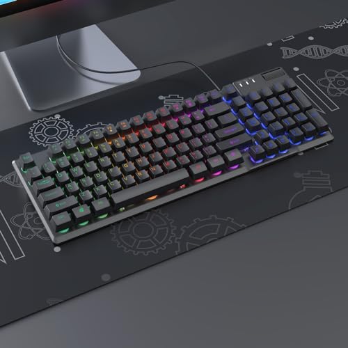 AF981 Wired 99Keys Computer Keyboard, Quite Brown Mechanical Feeling Membrane Gaming Keyboard, Colorful Backlit, Volume Scroll Wheel for PC Laptop, Black