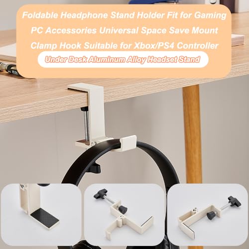 Foldable Headphone Stand Hanger Holder Under Desk Aluminum Alloy Headset Stand Fit for Gaming PC Accessories Universal Space Save Mount Clamp Hook Suitable for Xbox/PS4 Controller Office Computer Desk - color: White