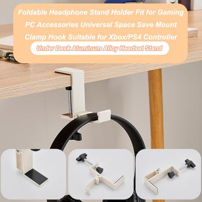Foldable Headphone Stand Hanger Holder Under Desk Aluminum Alloy Headset Stand Fit for Gaming PC Accessories Universal Space Save Mount Clamp Hook Suitable for Xbox/PS4 Controller Office Computer Desk - color: White