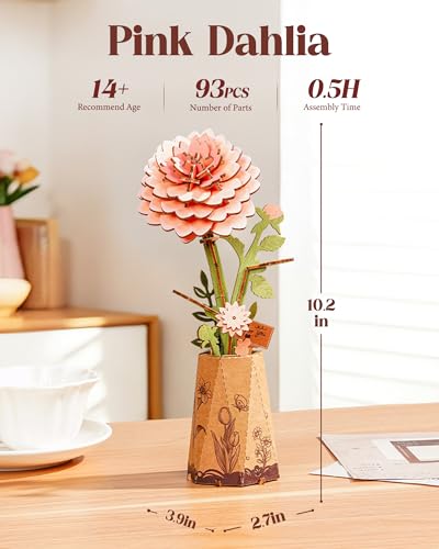 3D Flower Wooden Puzzles for Adults-Pink Dahlia, Mothers Day DIY Wooden Flowers Model Kit Building Set Crafts Gifts, Artificial Botanical Collection Creative Gift Ideas/Housewarming(93PCS) - style: TW - Pink Dahlia