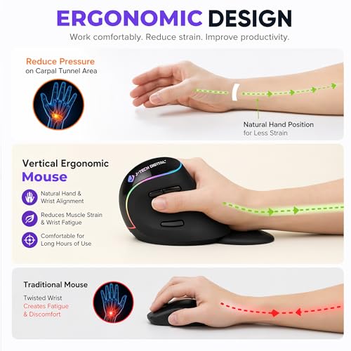 J-Tech Digital Ergonomic Mouse with Wireless Connection, Removable Palm Rest, Thumb Buttons, Rechargeable Battery, 800 DPI, Compatible with Windows and MAC OS - style: Wireless