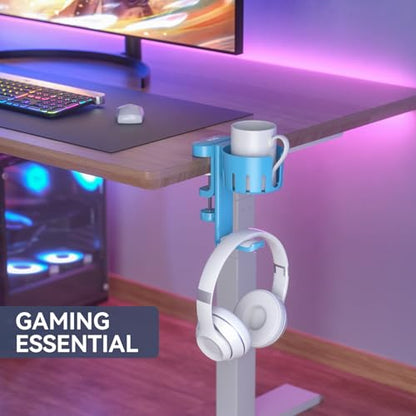 KDD 2 in 1 Headphone Hanger with Desk Cup Holder - Under Desk Clamp Rotatable Headset Holder - Suitable for Coffee Mups, Water Cups, Headphone(Blue)