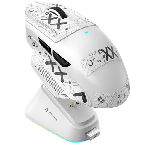 ATTACK SHARK V6 Wireless Gaming Mouse with RGB Charging Dock, 25K DPI PAW3311 Sensor, 1K Polling Tri-Mode Ergonomic PC Mice, 5 Programmable Bottons, Cloud-Based AI Driver for Win/Mac,White&Tape - color: White&Tape
