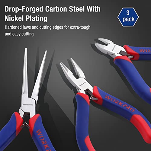 WORKPRO Mini Pliers Set, 3-Piece Small Pliers Tool Kit | Includes 4” Diagonal Plier, 5” Long Nose Plier, 6” Needle Nose Plier, for Making Crafts, Repairing Electronic Devices