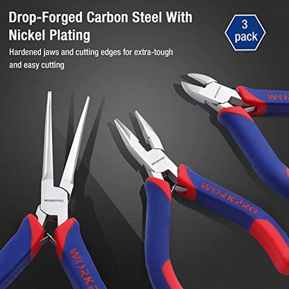 WORKPRO Mini Pliers Set, 3-Piece Small Pliers Tool Kit | Includes 4” Diagonal Plier, 5” Long Nose Plier, 6” Needle Nose Plier, for Making Crafts, Repairing Electronic Devices