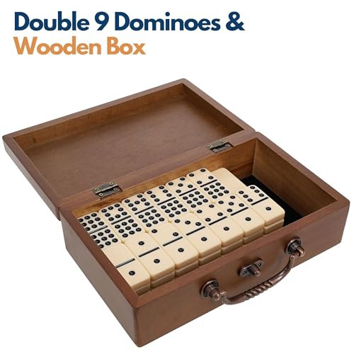 WE Games Double 9 Dominoes in Walnut Stained Wooden Treasure Box, Dominoes Set for Adults, Ivory Color Double Nine Domino, Classic Board Games, Tile Games - color: Walnut
