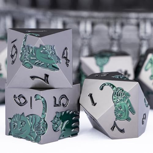 Metal DND Cat Dice 7PCS Polyhedral RPG Dice Set with Gift Case for Dungeons Dragons Role Playing Game, D and D Dice D6 D8 D10 D12 D20 D% (Grey Green) - color: Cat-grey Green