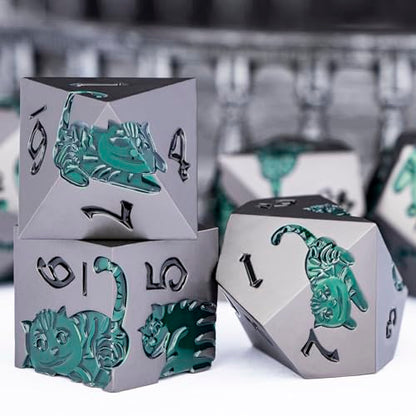 Metal DND Cat Dice 7PCS Polyhedral RPG Dice Set with Gift Case for Dungeons Dragons Role Playing Game, D and D Dice D6 D8 D10 D12 D20 D% (Grey Green) - color: Cat-grey Green