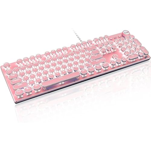 Typewriter Style Retro Wired Mechanical Gaming Keyboard, Vintage Steampunk with White LED Backlit, 104-Key Anti-Ghosting Blue Switch Cute Keyboard, Round Keycaps Knob Control for PC/Win/Mac/Laptop - color: PINK White LED