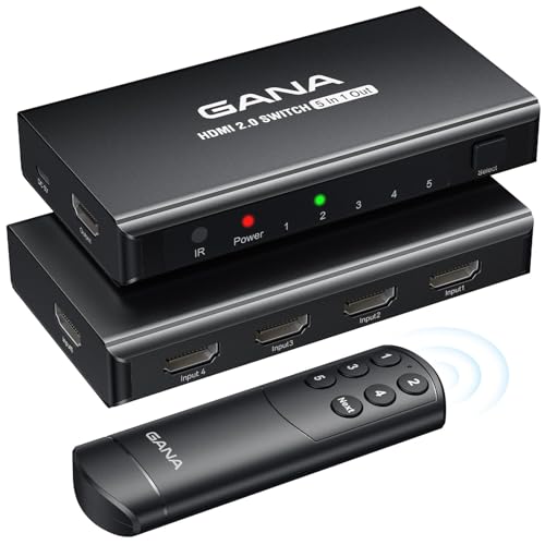 HDMI Switch 5 in 1 Out 4K@60Hz, GANA HDMI Splitter Switcher with Remote, Aluminum HDMI 2.0 Switch Box Hub for 3D, HDCP2.2, HDR, Compatible with Xbox, PS5/4/3,Fire Stick,Roku,Blu-Ray Player, Black - color: Black