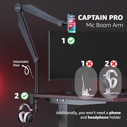 Mic Boom Arm Microphone Arm for Blue Yeti Shure Sm7b Hyperx QuadCast Rode At2020 and Fifine Upgraded Mic Stand with Tablet and Headphone Holder for Gaming Podcasting and Streaming CAPTAIN PRO - color: 3 Pro.
