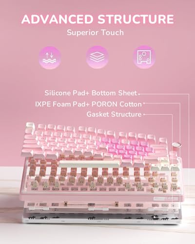 RK ROYAL KLUDGE R75 Wireless Mechanical Keyboard, 75% Percent Custom Gaming Keyboard Gasket Mount RGB Backlit with Knob & PBT Keycaps, BT5.1/2.4GHz/USB-C, Hot Swappable Cream Switch - color: pink