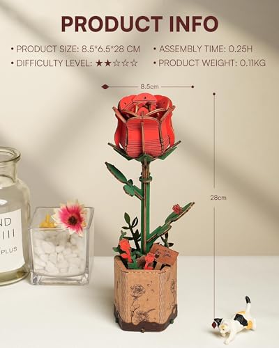 3D Flower Wooden Puzzles for Adults-Red Rose, DIY Wooden Flowers Model Kit Building Set Crafts Birthday Gifts Women, Artificial Botanical Collection Creative Gift Ideas/Housewarming (106PCS) - style: TW - Red Rose