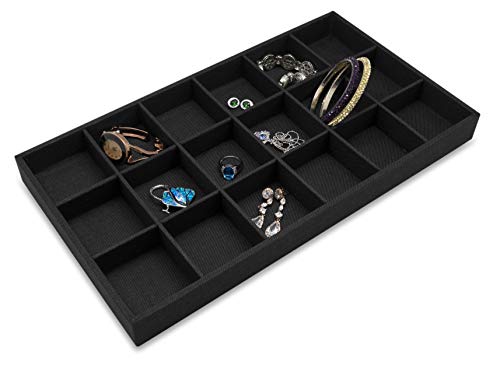 The Display Guys - Stackable Jewelry Tray and Organizer - for Drawers, Dressers, Store Display (18 Compartments, Black Burlap) - color: Burlap Black, size: 18 Compartments