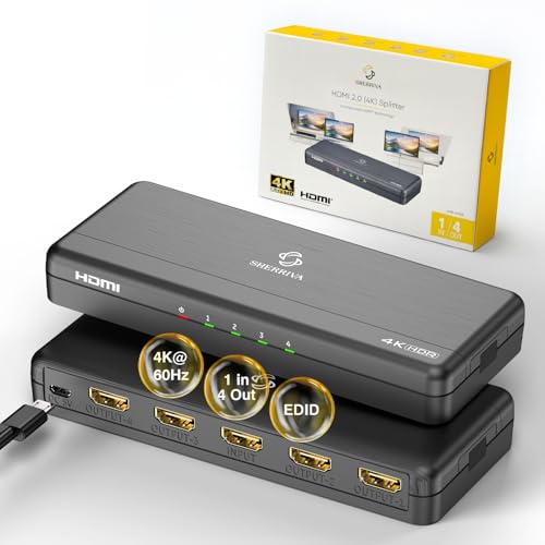 4K HDMI Splitter 1 in 4 Out (Mirror Only) – HDMI 2.0 4K@60Hz, 1080p@240Hz | Auto Downscaling, EDID, 18Gbps, HDCP 2.2, Smart Power Detection, Duplicate 1 Source to 4 Displays for TV, Monitor, Projector