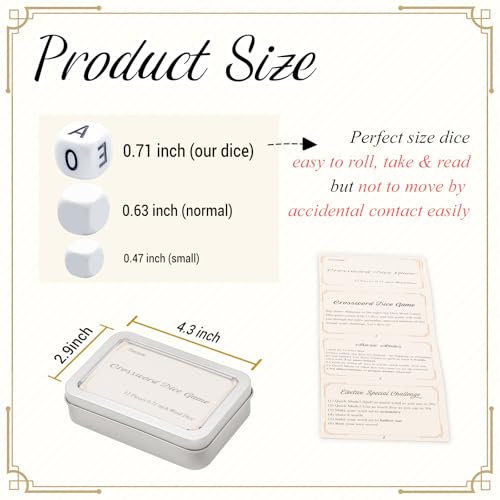 12 PCS Crossword Solitaire Spelling Letter Dice Game in White for Adults | For Reducing Adult Screen Time. Includes a Multi-Game Instruction, Tin Box & Velvet Bag