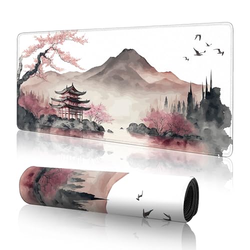 Japanese Cherry Blossom Large Gaming Mouse Pad,Mouse Pad Gaming for Desk 31.5 x 11.8 in Mouse Mat Desk Pad,Extended Keyboard Mousepad Desk Mat with Non-Slip Base and Stitched Edge for Gaming Office - color: Cherry Blossom Mountain