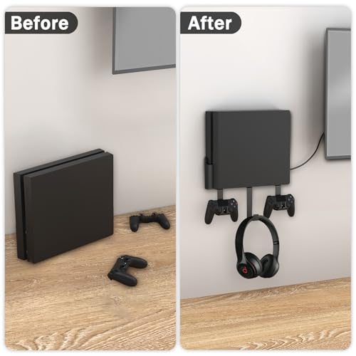 PS4 Original Console Wall Mount Bracket Kit(Old Model) | Comes with detachable dual controller holders and headphone hanger, mount near or behind TV
