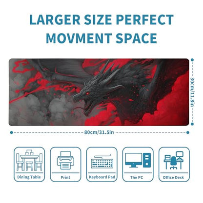 Huge Dragon Mouse Pad Desk Mat XL Extended Large Gaming Desk Pad Mousepad, Red and Black Computer Laptop Keyboard and Mouse Mat, Desktop Protector Mat for Office and Home 31.5x11.8 in - color: A Red-eyed Dragon