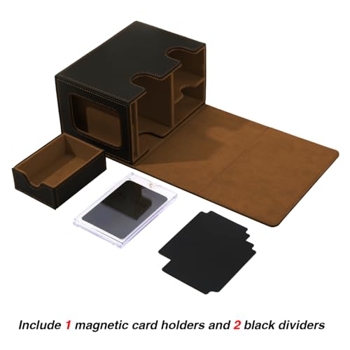 Venssu Storage Box, Commander Deck Box with Dice Tray, Fits 200 Single Sleeved Cards, 2 Dividers, Magnetic Closure, PU Leather, Black & Brown | Holds 200 Single/160 Double-Sleeved Cards, Fit MTG/PTCG/OPTCG Cards, Strong Magnet, With 2 Dividers & 1 Magneti