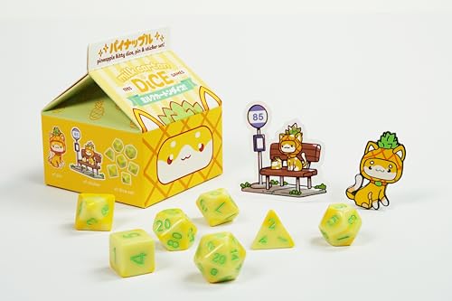 1985 Games Pineapple Kawaii Cat Dice Set – Milk Carton-Inspired Dice for DND | TTRPGs & Tabletop Roleplaying - color: Pineapple