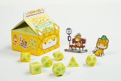 1985 Games Pineapple Kawaii Cat Dice Set – Milk Carton-Inspired Dice for DND | TTRPGs & Tabletop Roleplaying - color: Pineapple