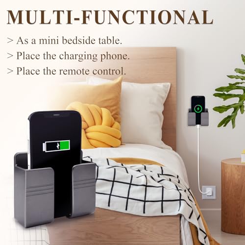 2 Pcs Wall Mount Phone Holder with Adhesive Phone Stand with Data Cable Receiving Hole, Charger Remote Control Storage Box for Bedroom, Kitchen, Bathroom, Office (Gray) - color: Grey