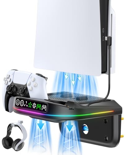 P S5 Wall Mount Kit with Cooling Fan and Charging Station Compatible with PS5/ Slim/Pro Disc and Digital, PS Five Floating Shelf with 9 RGB Lights, Black, Sony PSP Accessories Cables Adapters Cables - color: Black